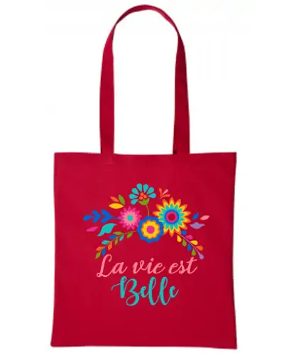 Sac coton Loïc - La vie est belle - Fleurs multicolores couleur Red