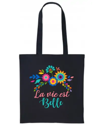 Sac coton Loïc - La vie est belle - Fleurs multicolores couleur Black