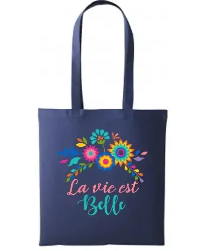 Sac coton Loïc - La vie est belle - Fleurs multicolores couleur Navy